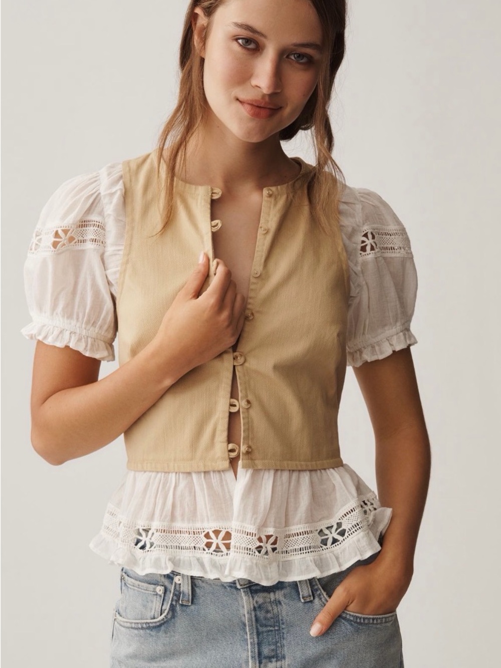 Anthropologie Tan Vest Layered Over White Eyelet Blouse